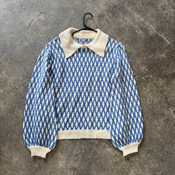 Kucoon Sweaters - Balloon Sleeve Cable Knit Sweater Womens L Blue Diamond Collared Winter Fall